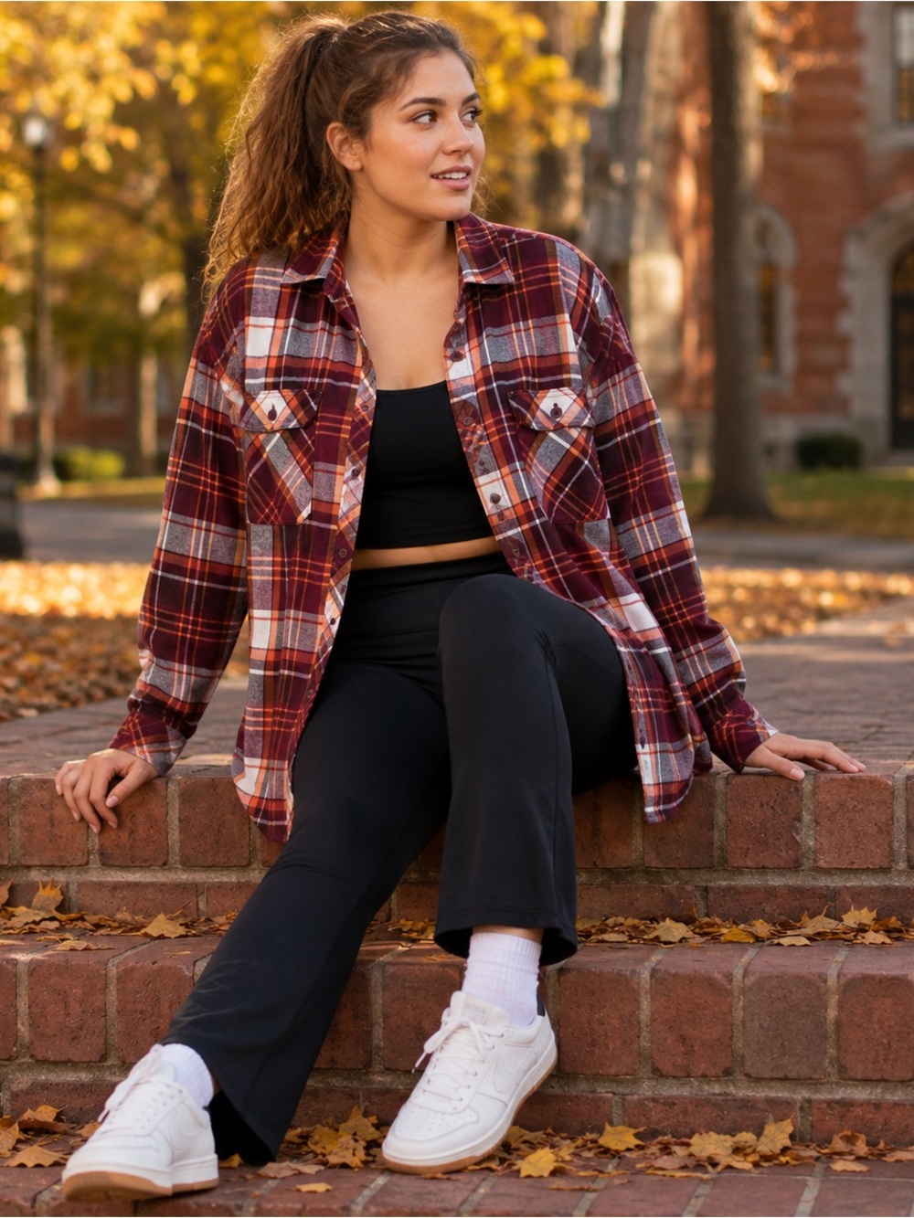 Duluth Trading Co. Burgundy and White Plaid Button-Down Shirt